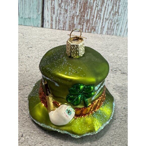Green Leprechaun Shamrocks Hat Glass Christmas Ornament Old World Christmas - Picture 2 of 8